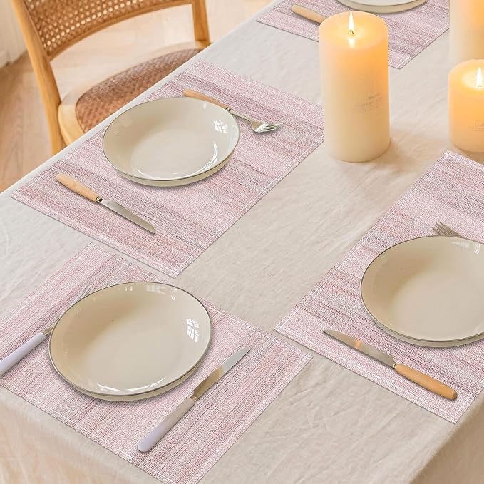Niviy Pink Placemats Set of 4, 12x18 Inch Washable Easy to Clean Rectangular Cute Placemats for Kitchen Table Holiday Wedding Party Dining Room Decoration
