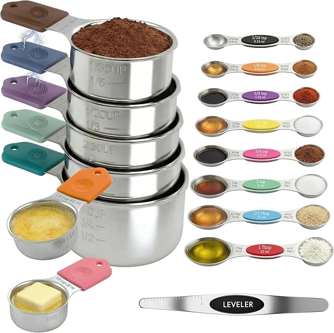 Magnetic Measuring Cups and Spoons Set of 16, 304 Stainless Steel with Multicolor Silicone Handles, 7 Cups, 8 Double-Sided Spoons and Leveler, Laser-Engraved, Stackable, Dishwasher Safe for Baking