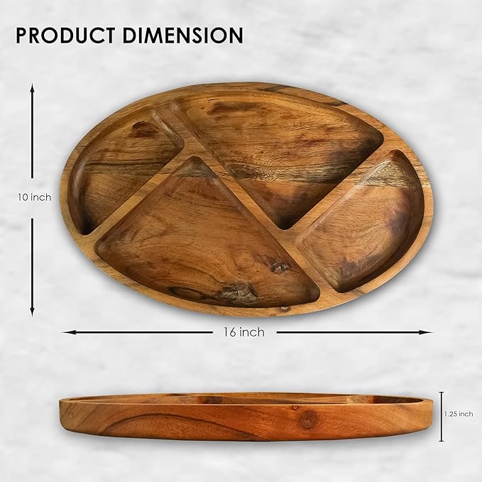 Large Wooden Divided Serving Tray – 16x10 inch Acacia Wood Platter with 4 Compartments for Snacks, Appetizers, Chips and Dips – Rustic Charcuterie Board, Chrsitmas, New Year, Thanksgiving