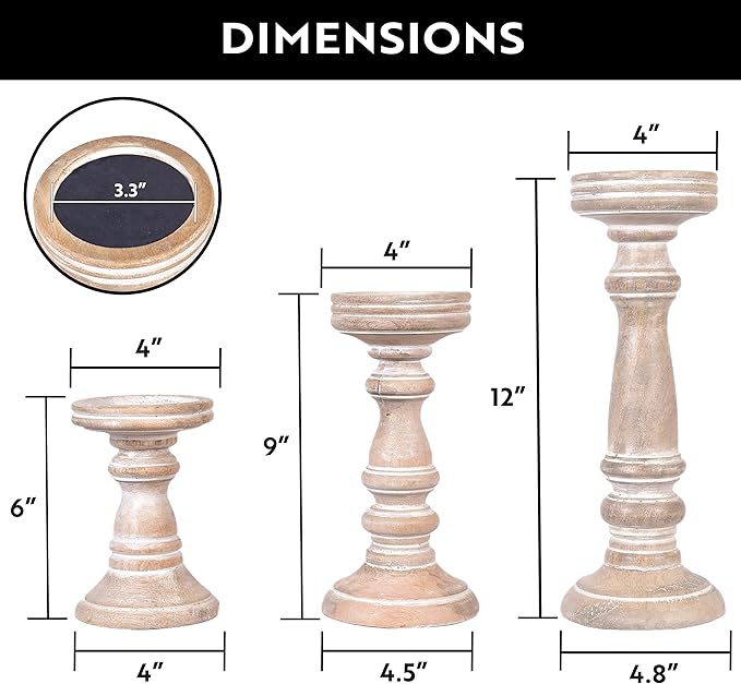 Mela Artisans 6”, 9” & 12” Mango Wood Pillar Candle Holder Set of 3 – Chennai Design Whitewash – Wooden Candle Holders for Table, Mantel & Living Room Décor