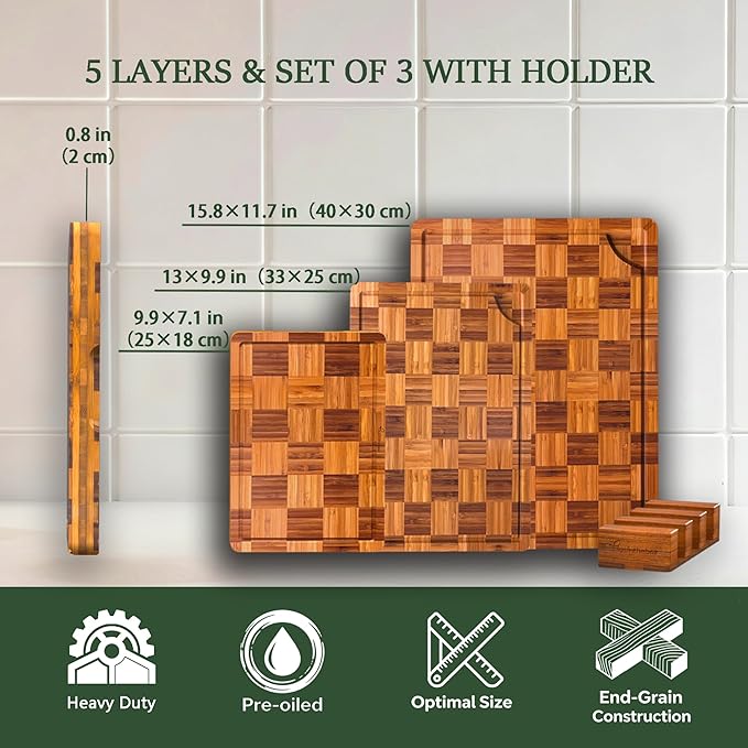 Cutting Board,Heavy Duty Cutting Board Set of 3 with Stand,End Grain Butcher Block Cutting Boards for Kitchen with Juice Grooves and Handles for Meat, Cheese, Charcuterie and Serving