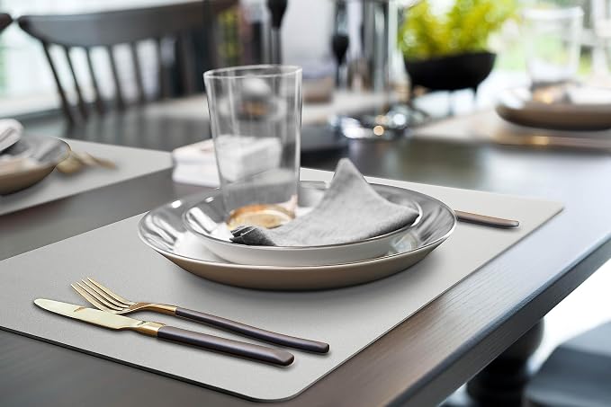 More Décor Faux Leather Placemats Set of 4 for Dining Table – Waterproof, Wipeable, Washable, Stain & Heat Resistant, Non-Slip Table Mats – 12 X 17 Inch, (Solid Silver 4)
