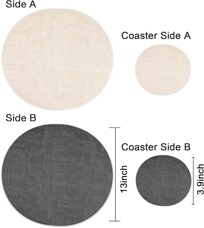 13-Inch Faux Leather Round Placemats Set of 4, Waterproof Anti-Slip Dual Sided Place mats, Heat Resistant Washable Table Mats with Coaster, Suitable for Indoor & Outdoor (4, Black Beige)
