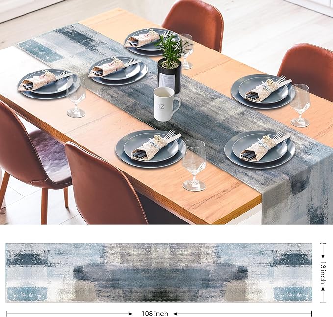 Emvency Farmhouse Table Runner, Vintage Blue and Grey Abstract Art Painting for Kitchen Coffee Table Family Dinners Holiday Parties Wedding Events Decor(13x108 inch)