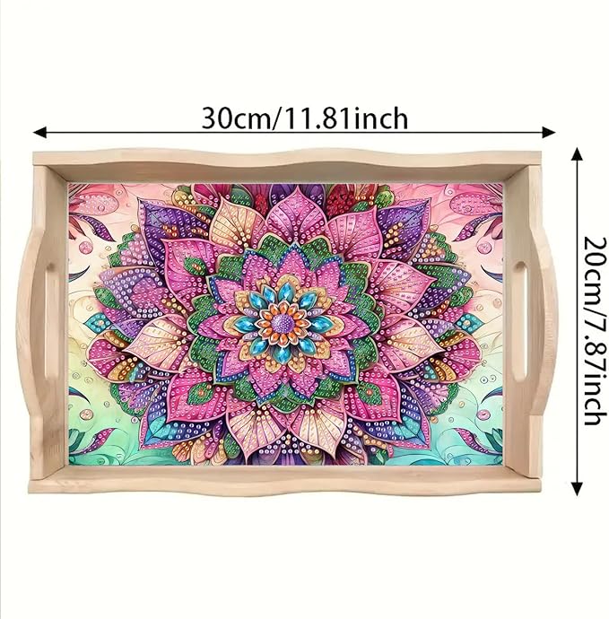 BAYUNOE DIY Diamond Serving Tray Rectangular Breakfast Tray with Handle Handmade Diamond Art Painting Wooden Tray Spring Creative Dinner Plate Coffee Room Living Home Organizer-Mandala