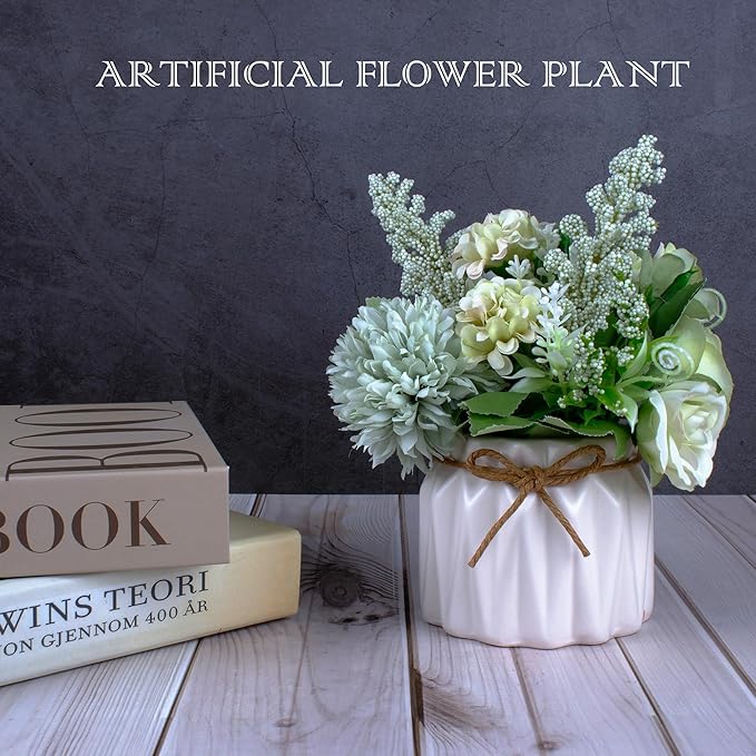 Artificial Potted Flowers, Small Ceramic Vase Fake Flower Plants Desktop Decoration Indoor for Home and Office, Faux Flowers Hydrangea Decora for Table,Bookshelf,Bedroom,Living Room,Party.(Green)