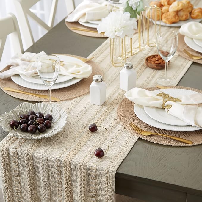 DII Farmhouse Braided Stripe Table Runner Collection, 15x72 (15x77, Fringe Included), Vintage Linen