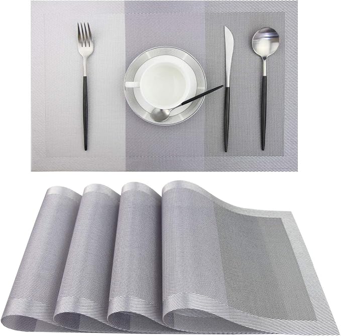PIGCHCY Placemats 18x12 Inches Plastic Table Mats, Washable Easy to Clean Woven Vinyl for Dining Table Set of 4 (Classic Grey)