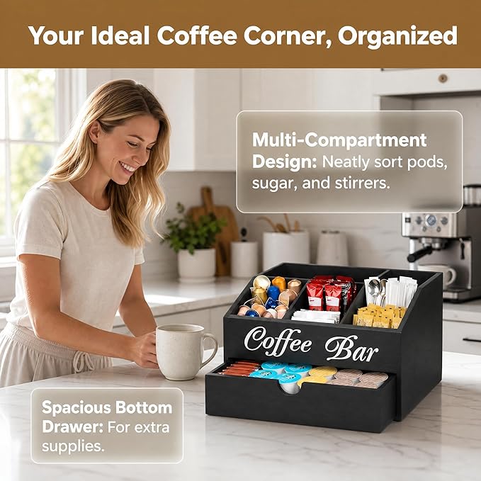 Coffee Station Organizer - Double Layer with Drawers, Country Style Coffee Bar Organizer, Farmhouse Coffee Capsule Storage Basket, Natural Solid Wood Material(Black Double Layer)