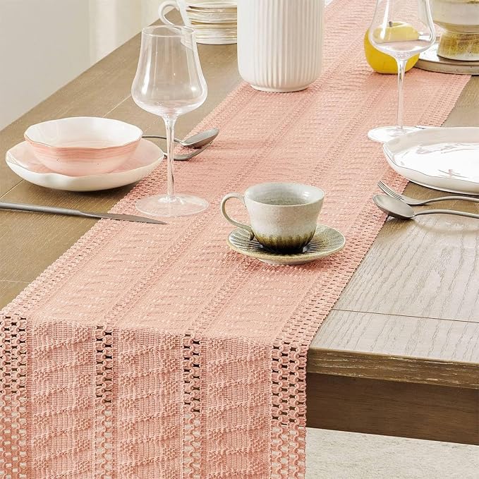 Niviy Boho Valentines Table Runner for Pink Tassel Home Decor 108 Inches Long, Rustic Macrame Cotton Linen Woven Coffee Table Runners for Wedding Party Baby Shower Dining Table Decoration, Pink