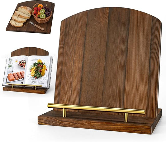 Beautiful Wooden Cookbook Stand for Kitchen Counter, TAQIXI 2 in 1 Recipe Book Holder, Charcuterie Board & Kitchen Serving Tray, Rustic Cook Book Holder Stand for Kitchen (Brown)