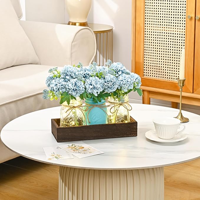 BLEUM CADE Centerpiece Table Decorations - Mason Jar Lights Centerpiece for Kitchen Dining Table Farmhouse Coffee Table Wedding Home Decor with 3 Jars Hydrangea Artificial Flowers & Wood Tray