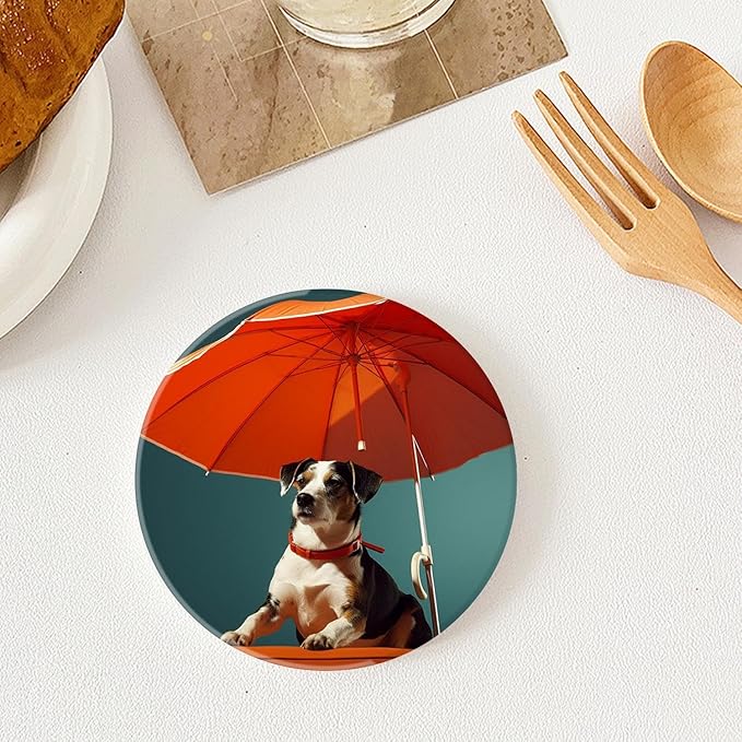 Summer Dog Sun Bathing Pattern Set of 4 Ceramic Coasters with Holder,Absorbent Drink Bar Coasters,Table Coasters