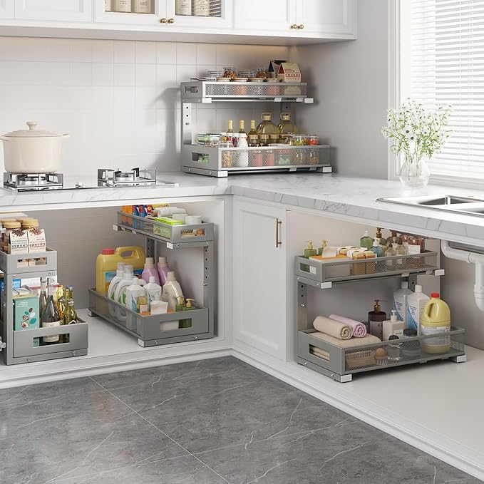 2 Pack 17IN Depth Under Sink Storage Organizer, Large 2-Tier Elegant Mesh Pull Out Shelf for Kitchen and Bathroom Cabinet Organization, L-Shaped and Adjustable Height Design-Gun Gray