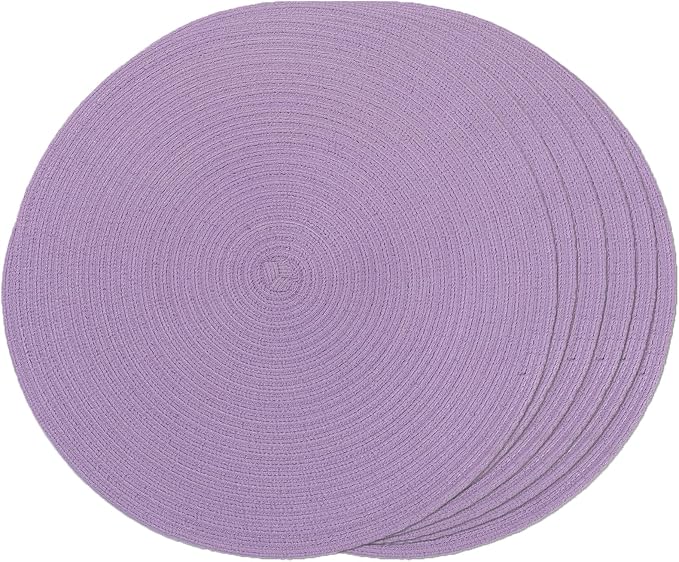 FunWheat Round Braided Placemats Set of 6 Place mats for Dining Tables Woven Heat Resistant Table Mats 15 inch (Light Purple,6pcs)