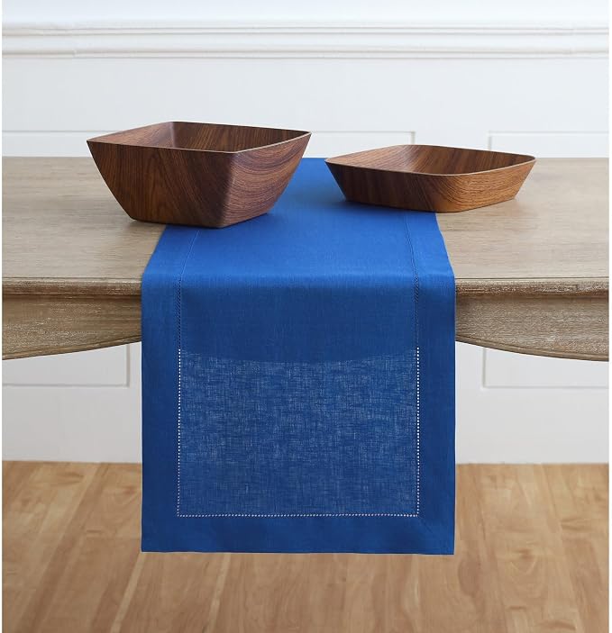 Solino Home Linen Royal Blue Table Runner 132 Inches Long - 100% Pure Linen Extra Long Table Runner 14 x 132 Inch for Summer, 4th of July - Classic Hemstitch