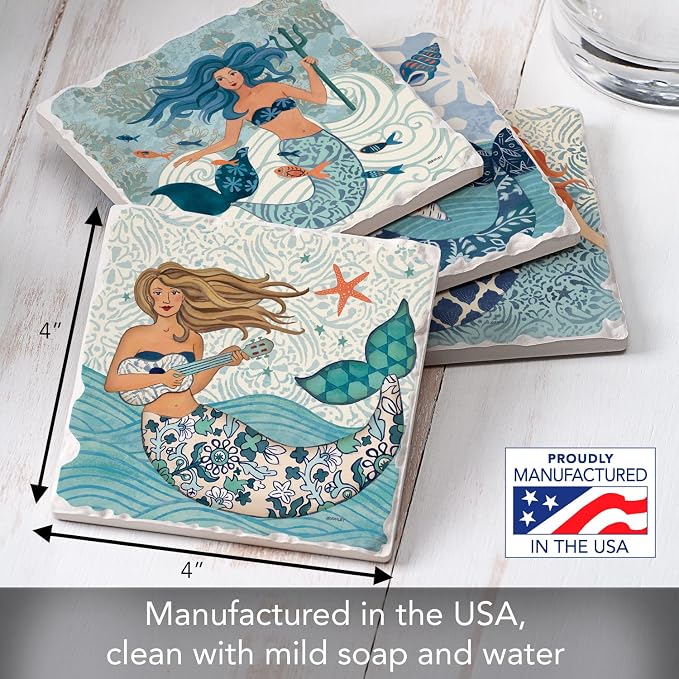 Thirstystone Mermaid Island 4 Pack Assorted Tumbled Tile Stone Coasters with Protective Cork Backing Manufactured in The USA Absorbent Easily Wipes Clean