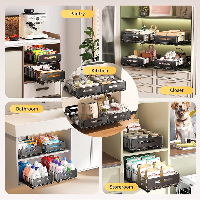 PureBox Pull Out Cabinet Organizer, Slide Out drawers for cabinets, Heavy Duty Carbon Steel Roll Out Shelves for kitchen, bathroom, pantry (14.7’’-23.1’’ Slide, Adhesive & Screw), 1 Pack, Black