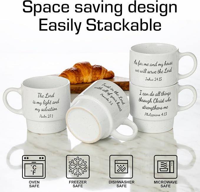 Signature Housewares Stackable Coffee Mug Tower Set with Metal Wire Rack - 15 Ounce Coffee Mugs for Coffee, Tea, Cocoa, Milk, Cappuccino, Hot Chocolate Set of 4 - Inspirational Bible Verses