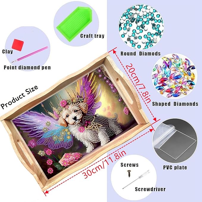 DIY Diamond Serving Tray Diamond Art Painting Creative Design Handmade Wooden Tray Dinner Plate for Coffee Breakfast Home Organizer-Dog