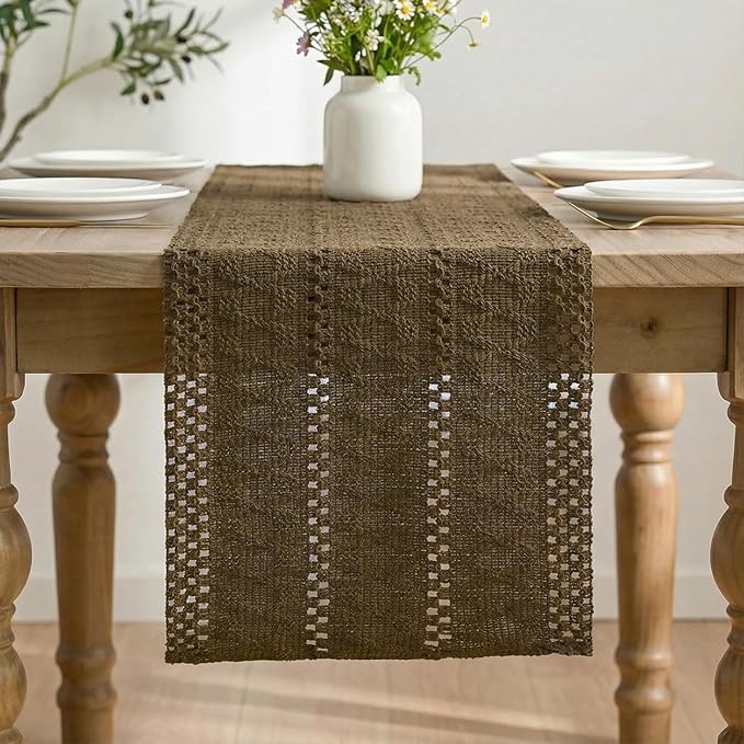 Artoid Mode Light Coffee Farmhouse Woven Rustic Hollow Table Runner, Seasonal Holiday Hollow Kitchen Dining Table Decoration for Home Party Decor 12x120 Inch