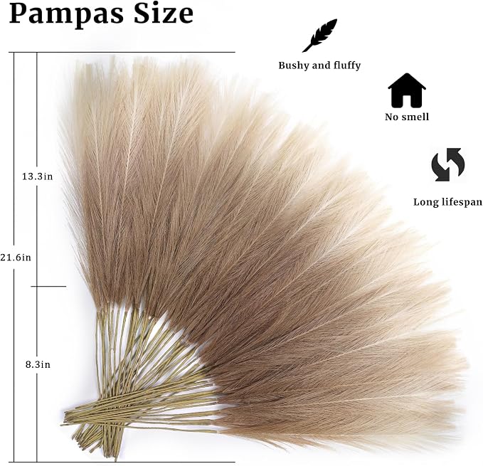 TORONTOKYO Brown Pampas Grass Decor, 50Pcs 21.6 inch Artificial Faux Brown Pompas Grass Small Short Fluffy Arrangement for Wedding Boho Home Decor Vase Filler