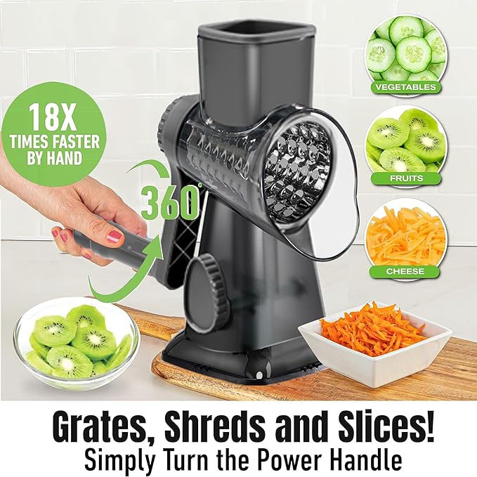 Cheese Grater Hand Crank Rotary Vegetables Shredder with Handle, 3-in-1 Graters with Interchangeable Blades and Non-slip Base Multifunctional Slicer for Kitchen