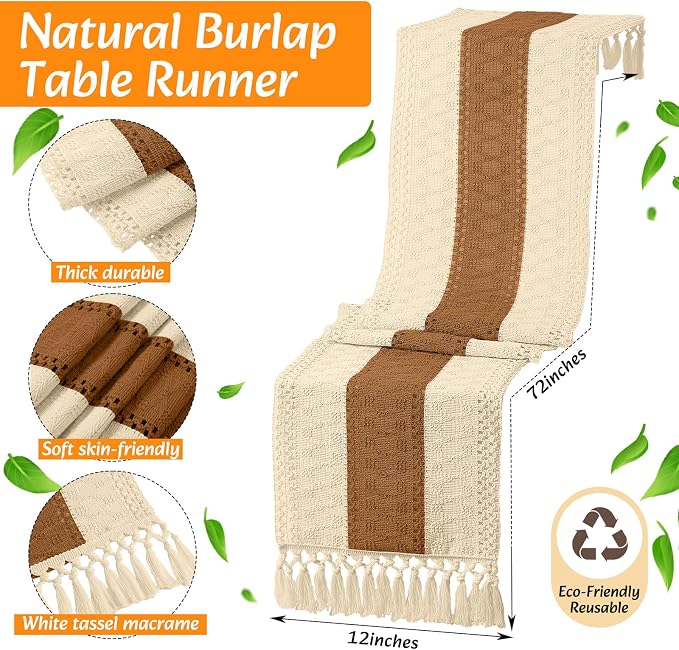 Boho Placemats 4/6/8 Set of Round Woven Placemat Macrame Style Bicolor Stitching Long Table Runner Farmhouse Rustic Natural Burlap Cotton for Kitchen Dining Table(4 Sets,Caramel Color,12x72)