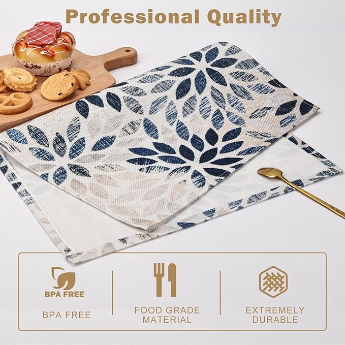 Snycler Table Runner Navy Blue Dahlia Pinnata Flower Table Runners Modern Elegant Pompon Farmhouse Geometric Table Center White Linen Decor for Home Dining Party Entrance (12x18 Inch,Set of 4)