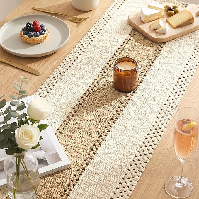 OurWarm Splicing Burlap Table Runner Farmhouse Style, Boho Table Runner Modern Farmhouse Decor Rustic Woven Cotton Crochet Lace for Bohemian, Rustic, Wedding, Bridal Shower, Dinner, 108 inch