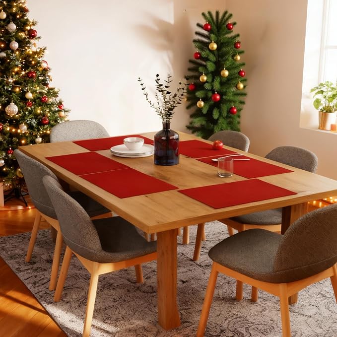 Encasa XO Dining Placemat Set of 6 | Solid Red Color | Fine Ribbed Cotton Table mat | Size 19x13 in | Machine Washable
