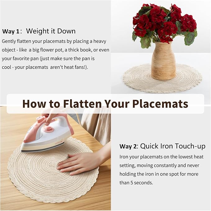 Handmade Round Boho Placemats Set of 4 | Natural Woven & Polyester Braided Combo Table Mats | 8-Piece Versatile Place Mats | Simple Rustic Farmhouse Style Dining Table Decor