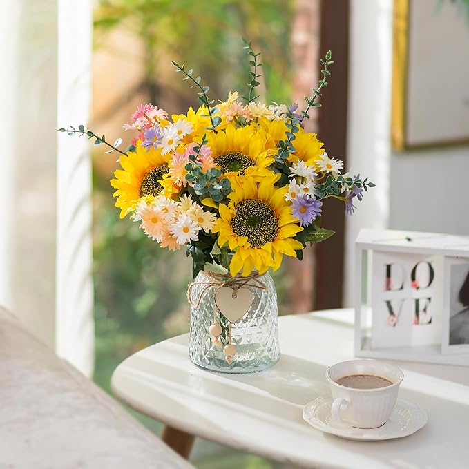 BLOSMON Sunflower Fake Flowers in Vase: Sunflowers Artificial Flowers with Vase for Table Centerpieces Decor - Silk Flower Bouquet Faux Arrangements Kitchen Bathroom Wedding Party Decoration