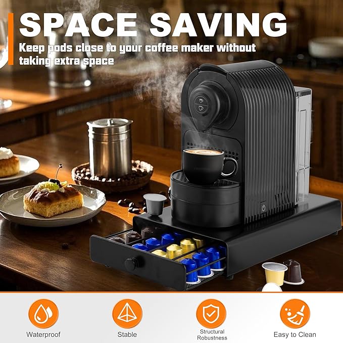 ROWISE Coffee Pod Drawer Compatible with Nespresso Original Line, Coffee Pod Holder for counter, 40 Capsules Capacity, Black