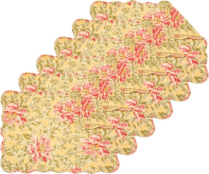 C&F Home Freya Green Leaves & Pink Flowers Vintage Design Quilted 100% Cotton Set of 6 Placemats 13" x 19" Spring Floral Fall Autumn Harvest Thanksgiving Kitchen Tabletop Reversible Machine Washable