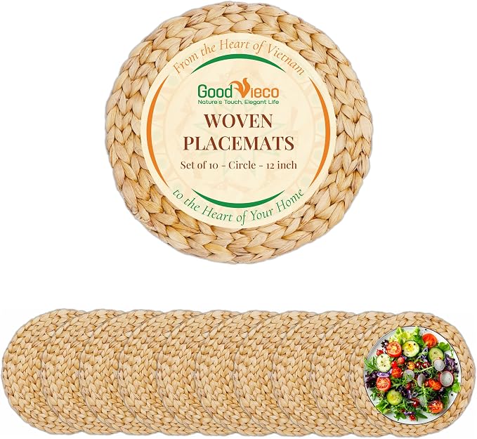 Woven Placemats Set, Handcrafted Water Hyacinth Round Rattan Place Mats for Dining Table, Natural Boho Wicker Farmhouse Table Decor, Indoor Outdoor Chargers (10, Round - 12in)