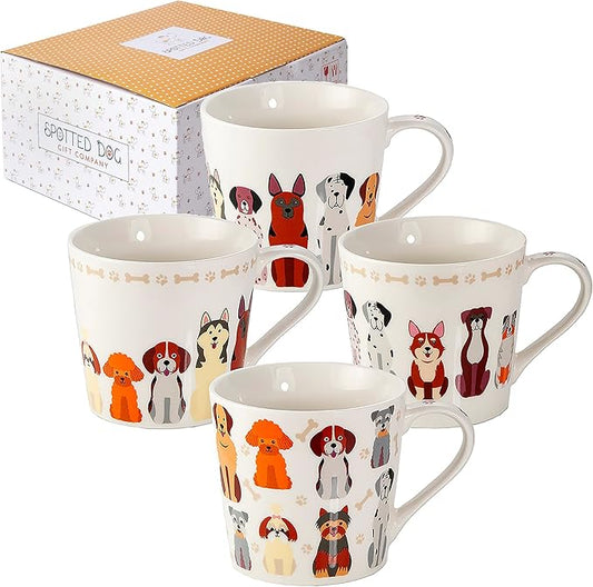 SPOTTED DOG GIFT COMPANY Dog Mugs, 13 oz Coffee Mug Set of 4, Happy Dogs Themed Ceramic Tea Cups, Microwave & Dishwasher Safe, Dog Lover Gifts for Women & Animal Lovers