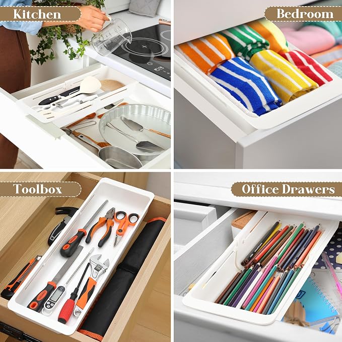 1 Pack Deep Drawer Organizer Bins, Sliding Drawer Organizer Bin Expandable and Adjustable Tray for Kitchen Utensils, Towels, BBQ Tools, Durable Plastic Sliding for Easy Storage (17.4-27.6")