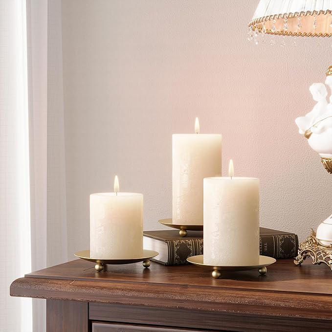Gold Candle Holders for Pillar Candles, Set of 6 Premium Metal Candle Plates Candle Stand for LED or Wax Candles, Decorative Pillar Candle Holder Dish for Table Centerpiece