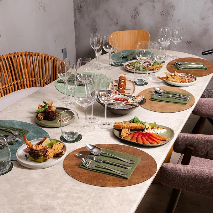 ADRIMER Placemats, Heat Resistant Round Placemats Set of 4 Washable, Waterproof Table Mats, Wipeable Faux Leather Place Mats for Kitchen, Dining Room, Turmeric Brown+Light Brown+Green+Blue