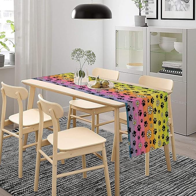 Paw Print Table Runner, Cartoon Vintage Rustic Colourful Wooden Board Flower Cute Dog Paw Prints Table Decor Table Top Dining Kitchen Wedding Party 13x70 in