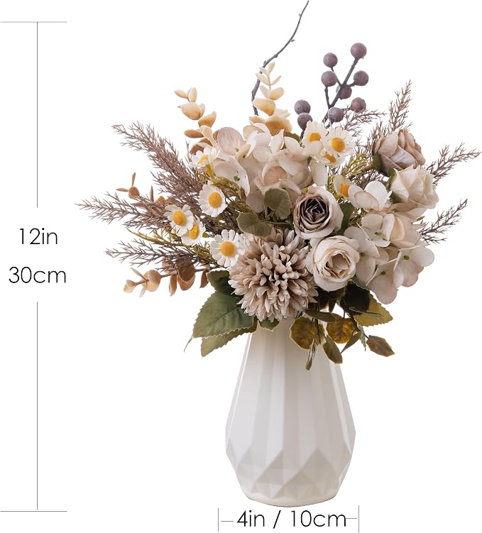 Small Fake Silk Flowers Bouquet with Vase, Faux Centerpieces with Roses, Dandelions, Hydrangea, Daisies, Eucalyptus, Hollyberries - Artificial Floral Arrangements for Home Kitchen Decor