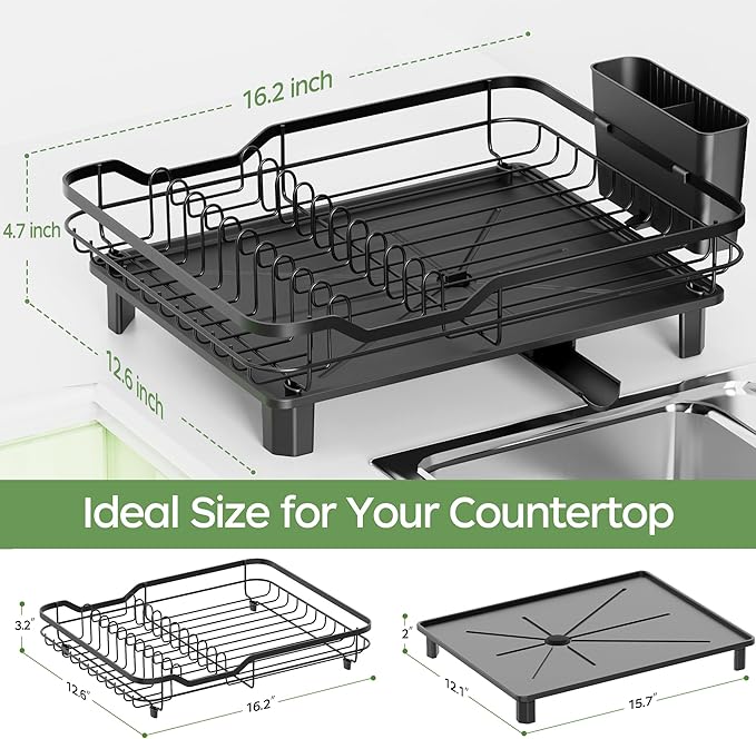 ROTTOGOON Dish Drying Rack, Stainless Steel Rustproof Dish Rack for Kitchen Counter, Sturdy Dish Drainer with Drainboard, Drainage, Utensil Holder for Various Kitchenware, 16.2"(L) x 12.6"(W), Black