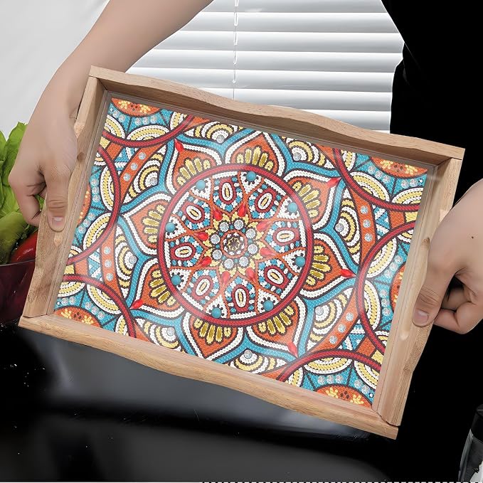 Generic DIY Diamond Serving Tray Rectangular Upgrade Increase Breakfast Tray with Handles Handmade Diamond Art Painting Wooden Tray Dinner Plate for Coffee Living Room Home Organizer-Mandala03