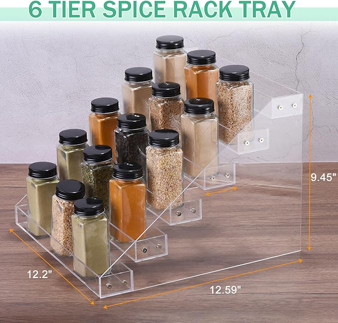 uxcell Acrylic Spice Rack Organizer for Cabinet, 6 Tier Clear Spice Rack Shelf Seasoning Can Organizer Spice Drawer Organizer for Countertop Cabinet Storage Pantry Kitchen Organization