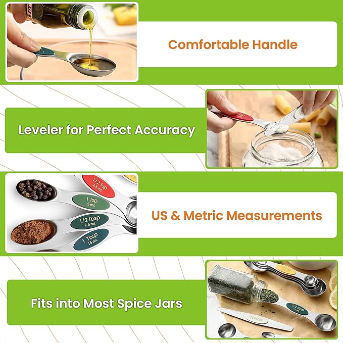 Spring Chef Stainless Steel Magnetic Measuring Spoons Set of 8 with Leveler, Metal Teaspoon & Tablespoon Measure Spoons Set for Baking & Cooking, Stackable & Double Sided Kitchen Gadgets - Very Merry
