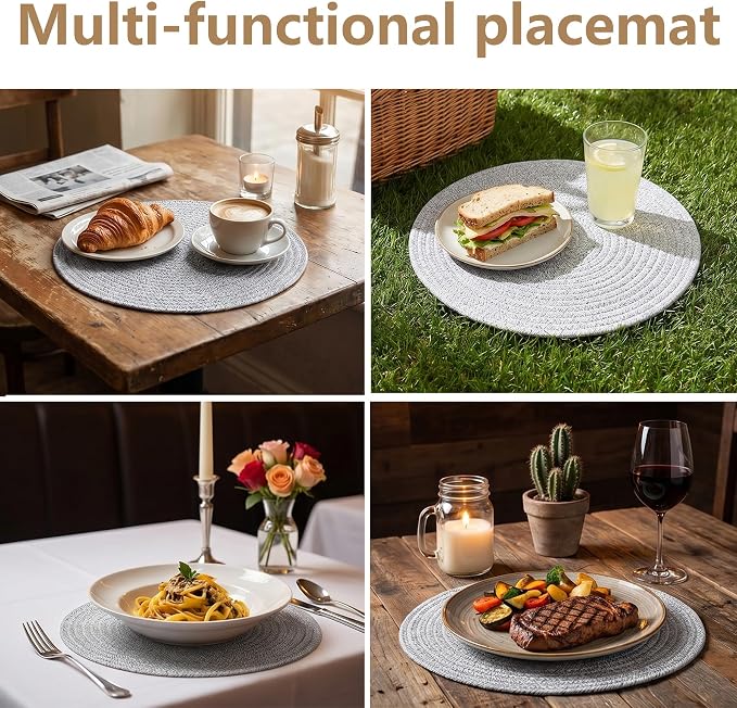 Round Woven Placemats Set of 6, 13.4 Inches Cotton Round Placemats, Heat Resistant Washable Table Mats for Indoor & Outdoor Dining Table Decor