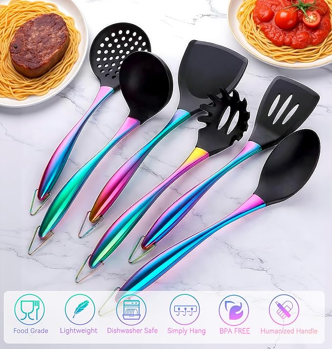 Silicone Cooking Utensils Set, 17pcs Kitchen Utensil Set with Rotatable Holder, Heat-Resistant Silicone Utensils for Cooking, Non-Stick Spatula Set with Stainless Steel Handle,Turner,Ladle (Rainbow)