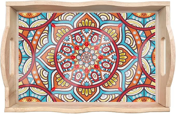 Generic DIY Diamond Serving Tray Rectangular Upgrade Increase Breakfast Tray with Handles Handmade Diamond Art Painting Wooden Tray Dinner Plate for Coffee Living Room Home Organizer-Mandala03