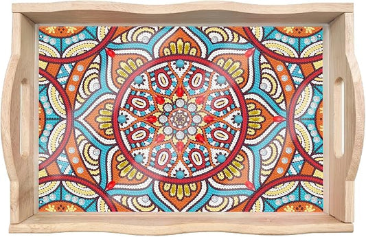 Generic DIY Diamond Serving Tray Rectangular Upgrade Increase Breakfast Tray with Handles Handmade Diamond Art Painting Wooden Tray Dinner Plate for Coffee Living Room Home Organizer-Mandala03